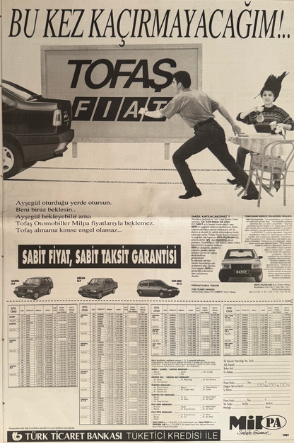 Tofaş Fiat Kartal SLX, Doğan SLX ve Fiat Uno Türkçe Orijinal Dönem Reklamıdır (Sonradan Baskı Değildir)