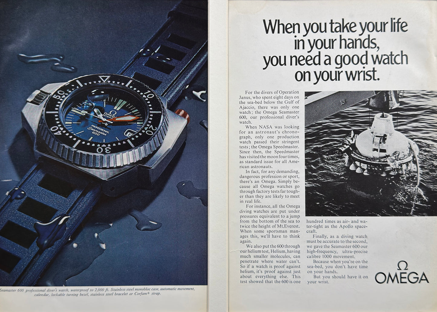 Omega Seamaster 600 & NASA - Orijinal Dönem Çift Sayfa Reklamı (Sonradan Baskı Değildir)