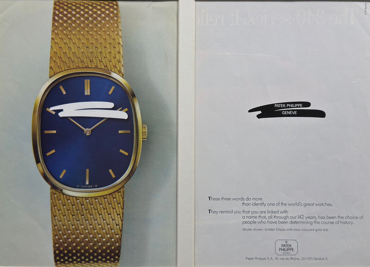 Patek Philippe Golden Ellipse Blue Dial - Orijinal Dönem Çift Sayfa Reklamı (Sonradan Baskı Değildir)