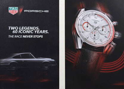 TAG Heuer × Porsche Carrera  Two Legends. 60 Iconic Years. - Orijinal Dönem Çift Sayfa Reklamı (Sonradan Baskı Değildir)