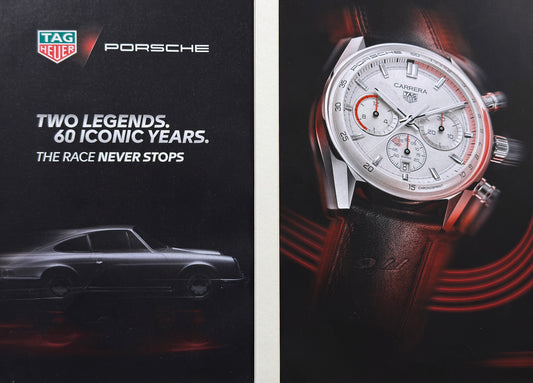TAG Heuer × Porsche Carrera  Two Legends. 60 Iconic Years. - Orijinal Dönem Çift Sayfa Reklamı (Sonradan Baskı Değildir)