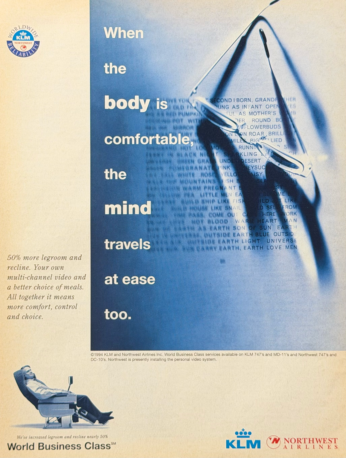 KLM & Northwest Airlines World Business Class Orijinal 1994 Dönem Reklamıdır (Sonradan Baskı Değildir)