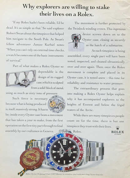 Rolex GMT-Master Pepsi “Why Explorers Are Willing to Stake Their Lives on a Rolex” Orijinal Dönem Reklamıdır (Sonradan Baskı Değildir)
