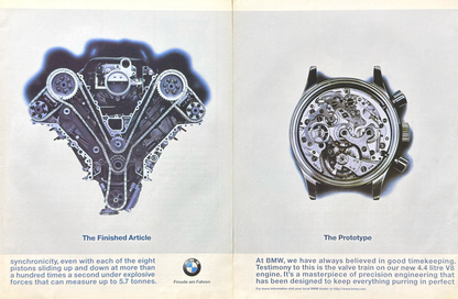 BMW 4.4 Litre V8 “The Finished Article / The Prototype” Orijinal Çift Sayfa Dönem Reklamıdır (Sonradan Baskı Değildir)