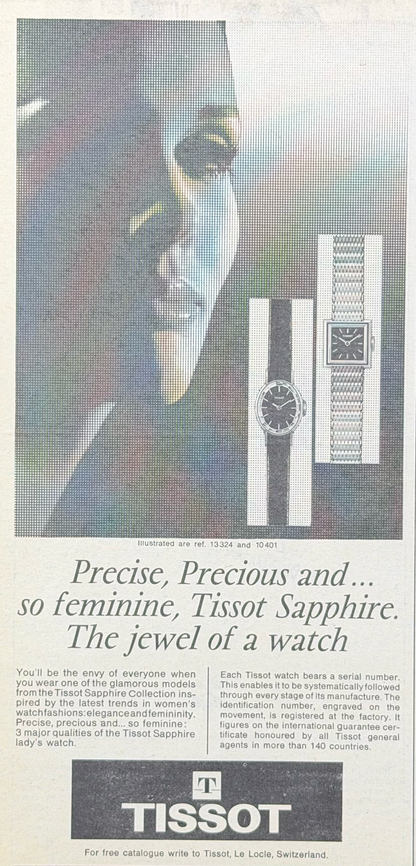 Tissot Sapphire Kadın Saatleri Vintage İngilizce Orijinal Dönem Reklamıdır (Sonradan Baskı Değildir)