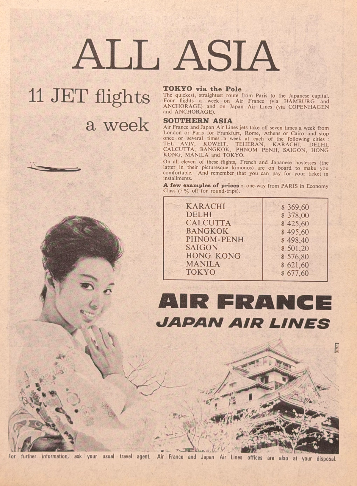 Air France “All Asia” Vintage İngilizce Orijinal Dönem Reklamıdır (Sonradan Baskı Değildir)