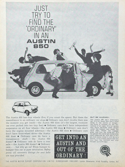 Austin 850 Mini Vintage İngilizce Orijinal Dönem Reklamıdır (Sonradan Baskı Değildir)