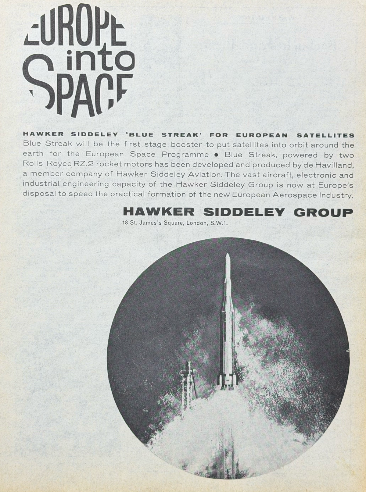 Hawker Siddeley Blue Streak “Europe Into Space” Vintage İngilizce Orijinal Dönem Reklamıdır (Sonradan Baskı Değildir)