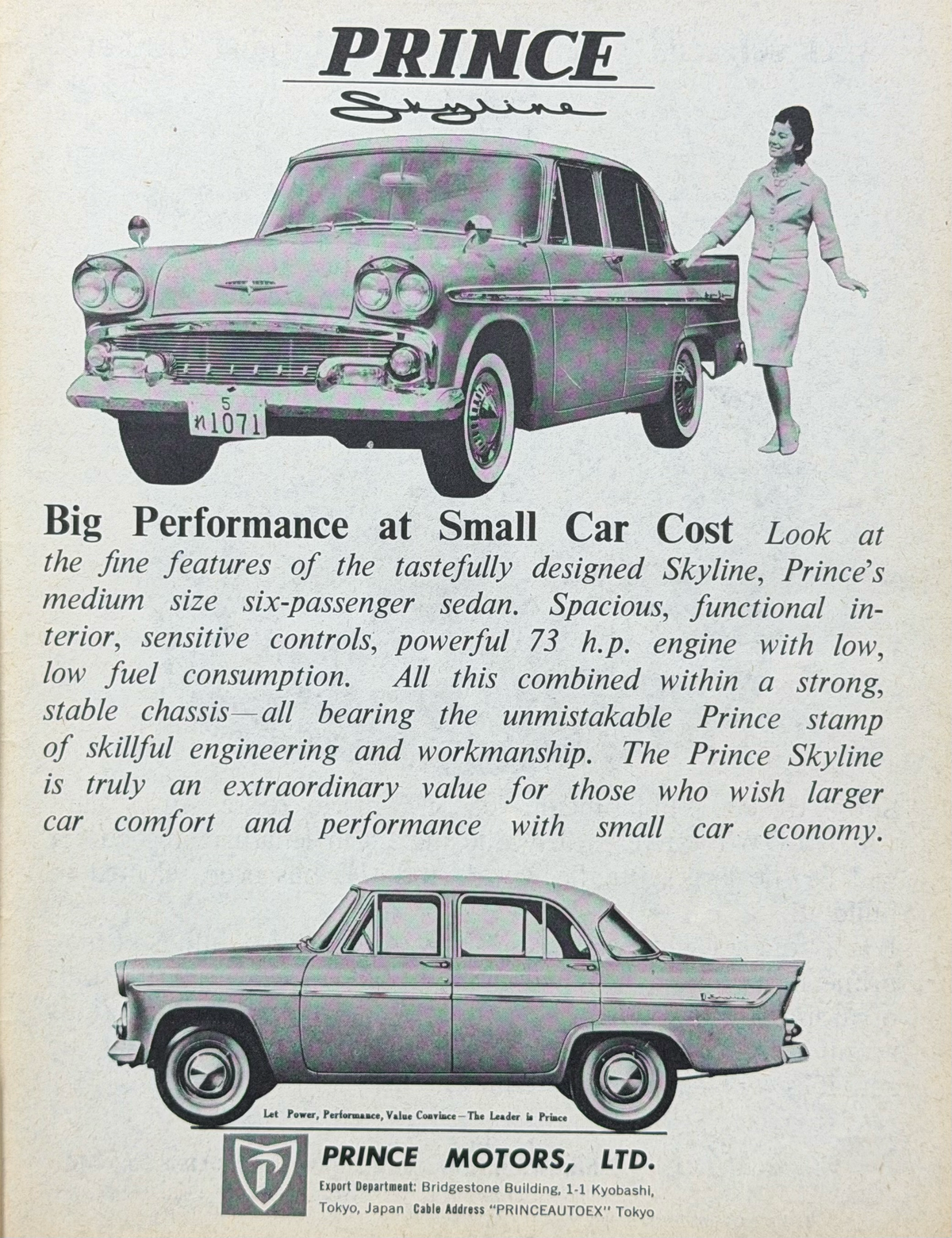 Prince Skyline “Big Performance at Small Car Cost” Vintage İngilizce Orijinal Dönem Reklamıdır (Sonradan Baskı Değildir)