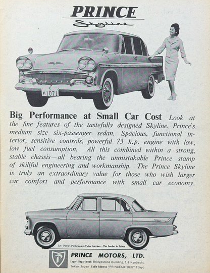 Prince Skyline “Big Performance at Small Car Cost” Vintage İngilizce Orijinal Dönem Reklamıdır (Sonradan Baskı Değildir)