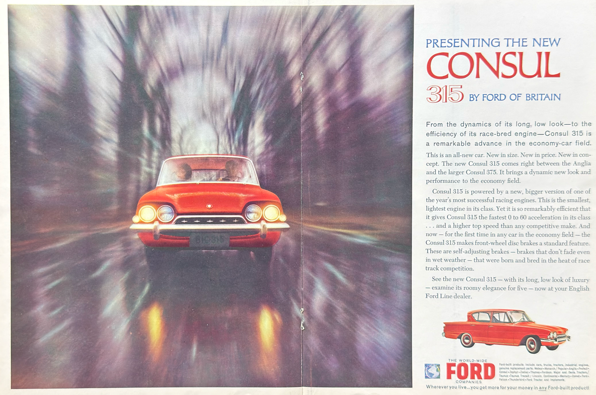 Ford Consul 315 Vintage İngilizce Orijinal Çift Sayfa Dönem Reklamıdır (Sonradan Baskı Değildir)