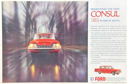 Ford Consul 315 Vintage İngilizce Orijinal Çift Sayfa Dönem Reklamıdır (Sonradan Baskı Değildir)