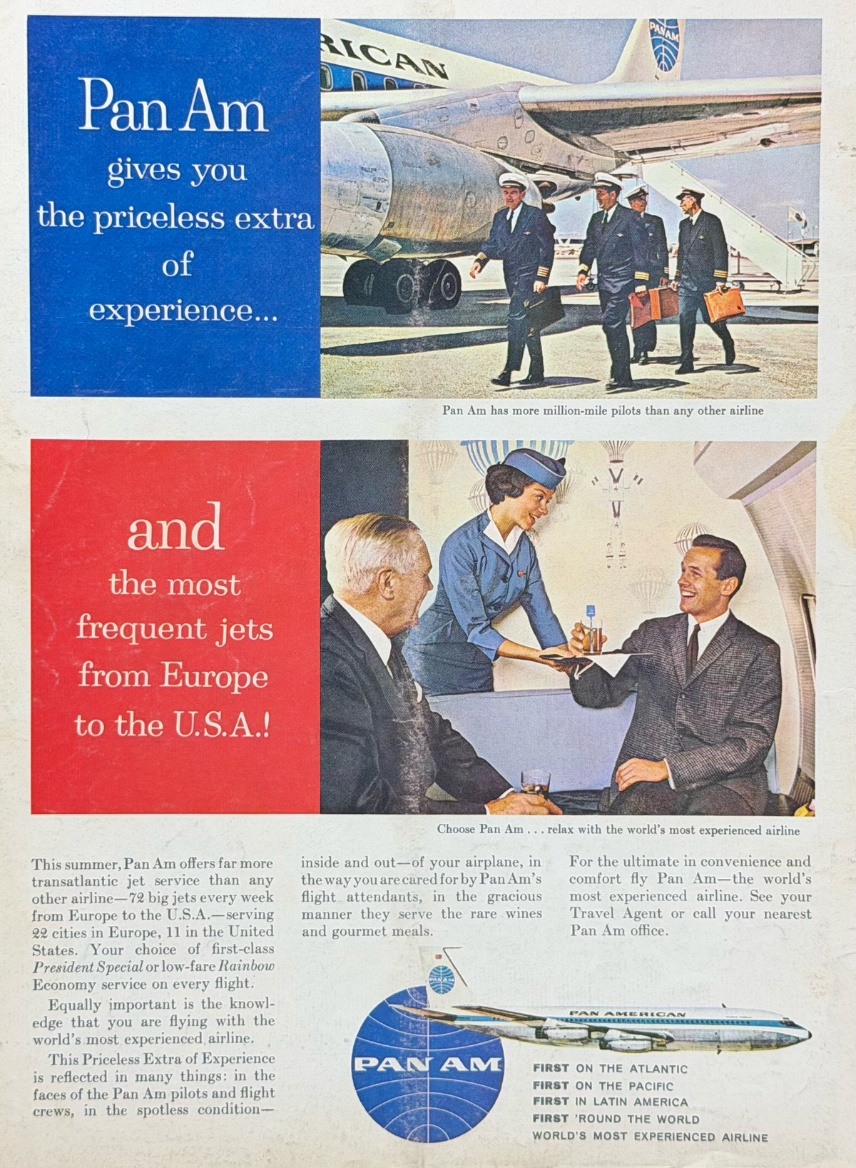 Pan Am Avrupa–Amerika Uçuşları Vintage Orijinal Dönem Reklamıdır (Sonradan Baskı Değildir)