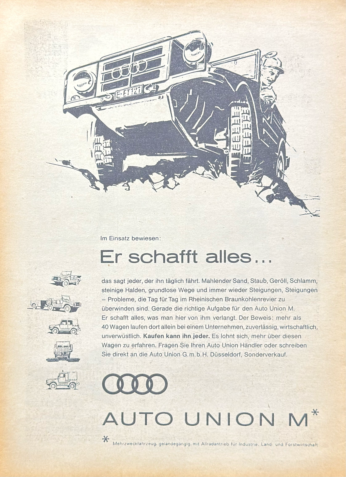 Auto Union DKW Munga Dört Çeker Arazi Aracı Vintage Orijinal Dergi Reklamıdır (Sonradan Baskı Değildir)
