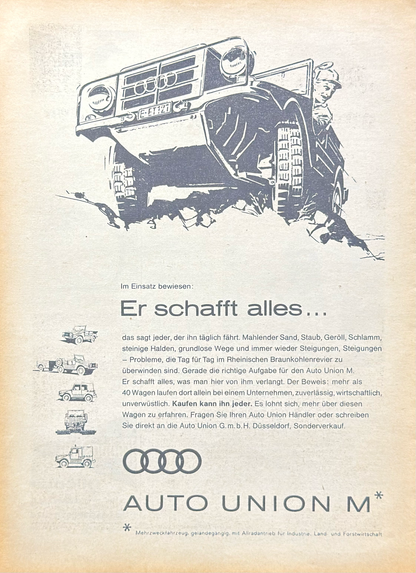 Auto Union DKW Munga Dört Çeker Arazi Aracı Vintage Orijinal Dergi Reklamıdır (Sonradan Baskı Değildir)