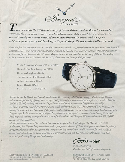 Breguet 225. Yıl Platin Limited Edition “Depuis 1775” Vintage İngilizce Orijinal Dönem Reklamıdır (Sonradan Baskı Değildir)