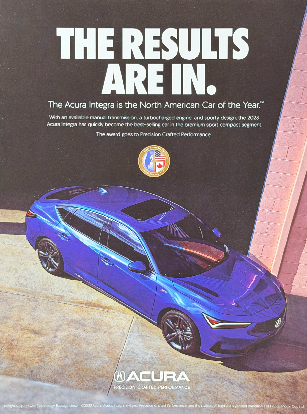 2023 Acura Integra “North American Car of the Year” Orijinal Dergi Reklamıdır (Sonradan Baskı Değildir)