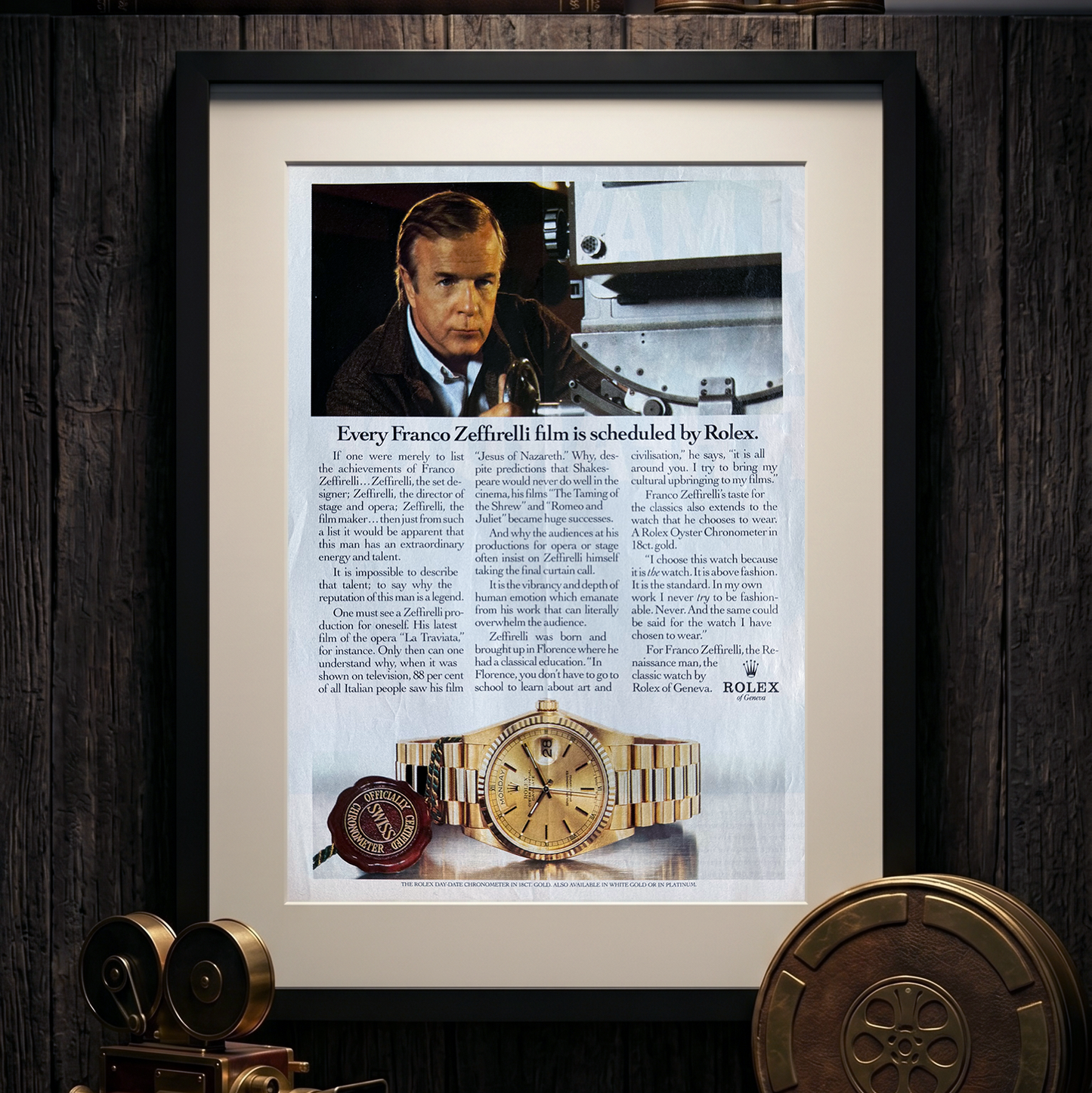 Rolex Day-Date – “Every Franco Zeffirelli Film Is Scheduled by Rolex.” Orijinal Dönem Reklam Sayfasıdır (Sonradan Baskı Değildir).