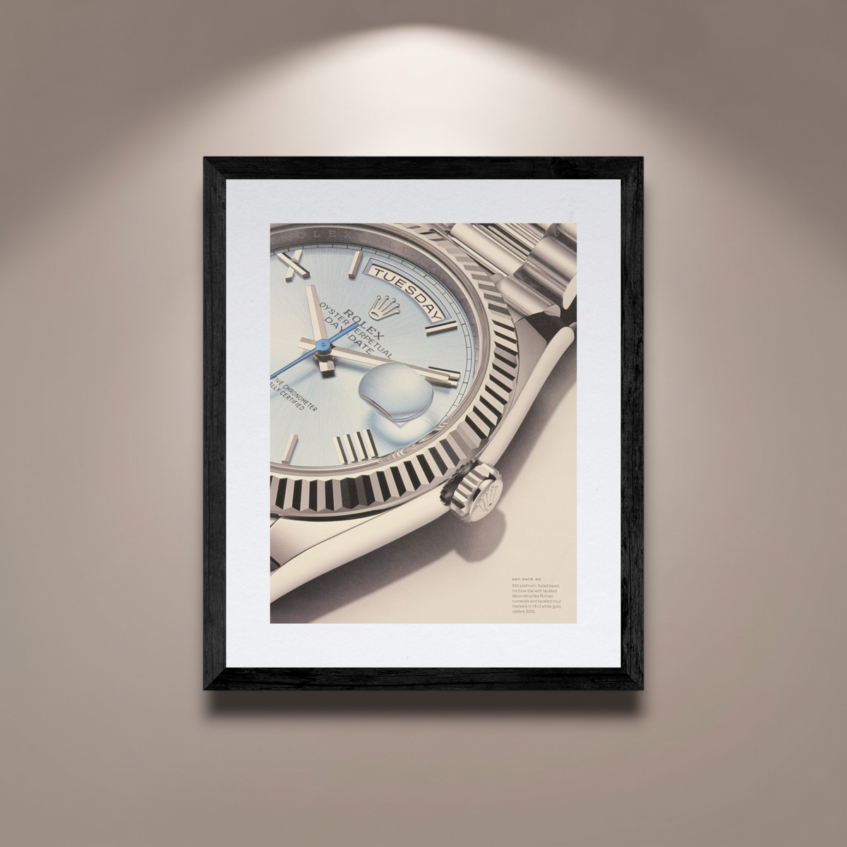 Rolex Oyster Perpetual Day-Date 40 Platin Buz Mavisi Kadran İngilizce Orijinal Dergi Reklamıdır (Sonradan Baskı Değildir)