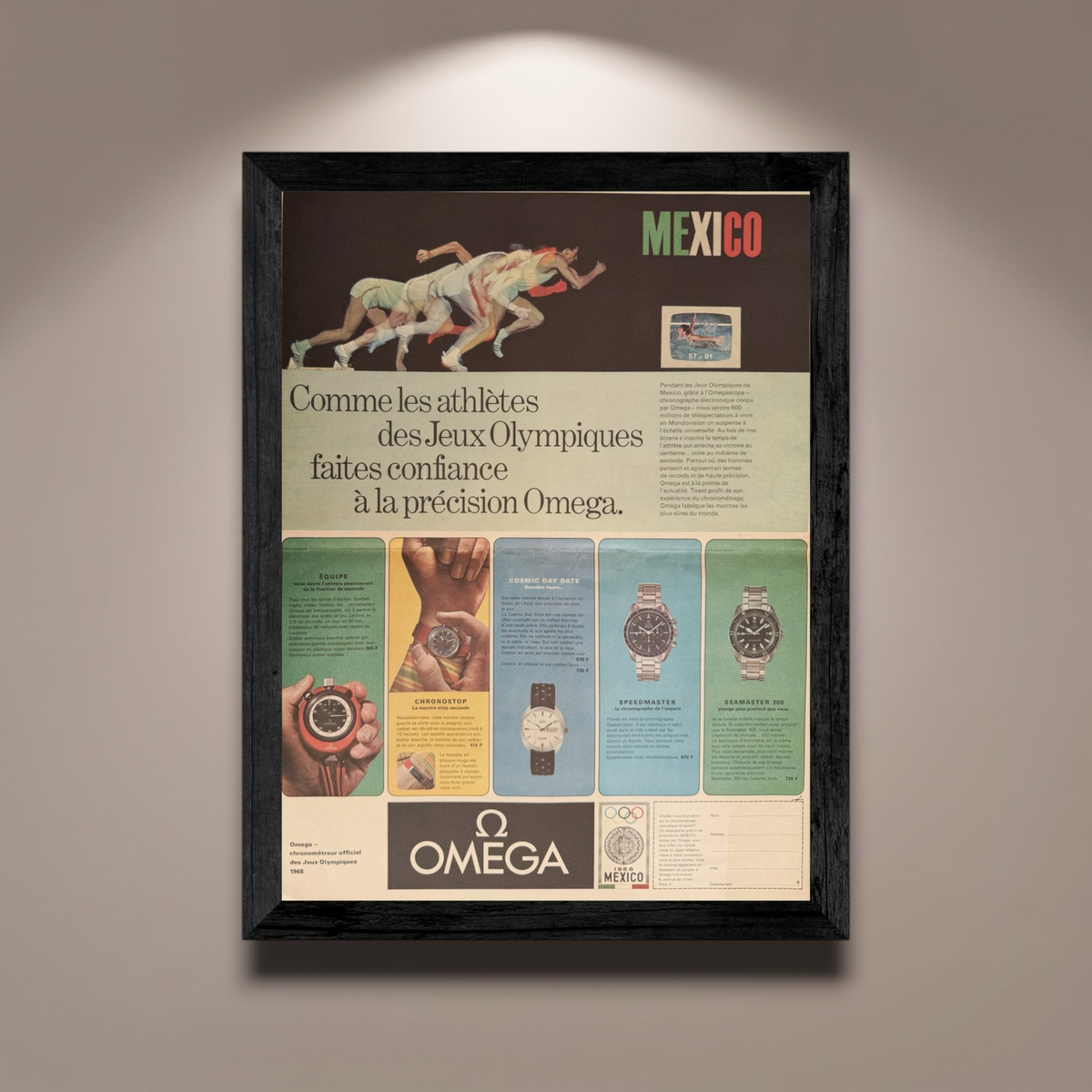 Omega & Mexico 1968 Olimpiyatları - Orijinal Dönem Reklam Sayfasıdır (Sonradan Baskı Değildir).