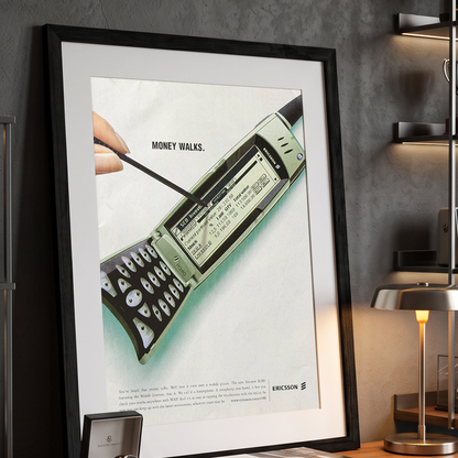 Ericsson R380 Smartphone “Money Walks” İngilizce Orijinal Dönem Reklamıdır (Sonradan Baskı Değildir)