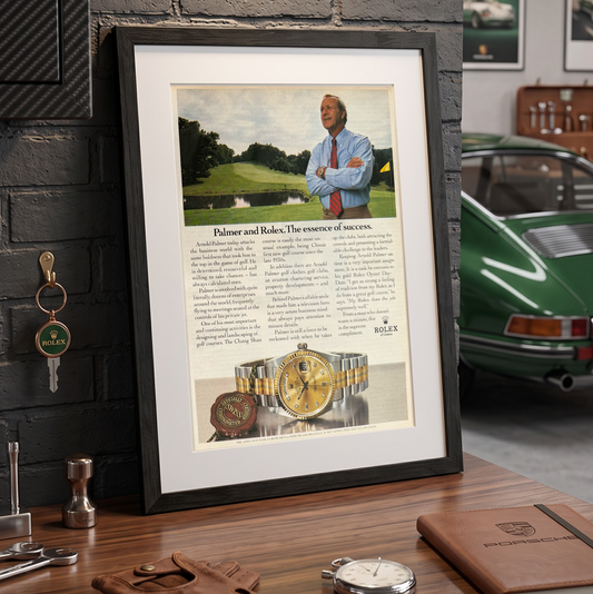 Rolex Day-Date Tridor Arnold Palmer “The Essence of Success” 1980’ler İngilizce Orijinal Dönem Reklamıdır (Sonradan Baskı Değildir)