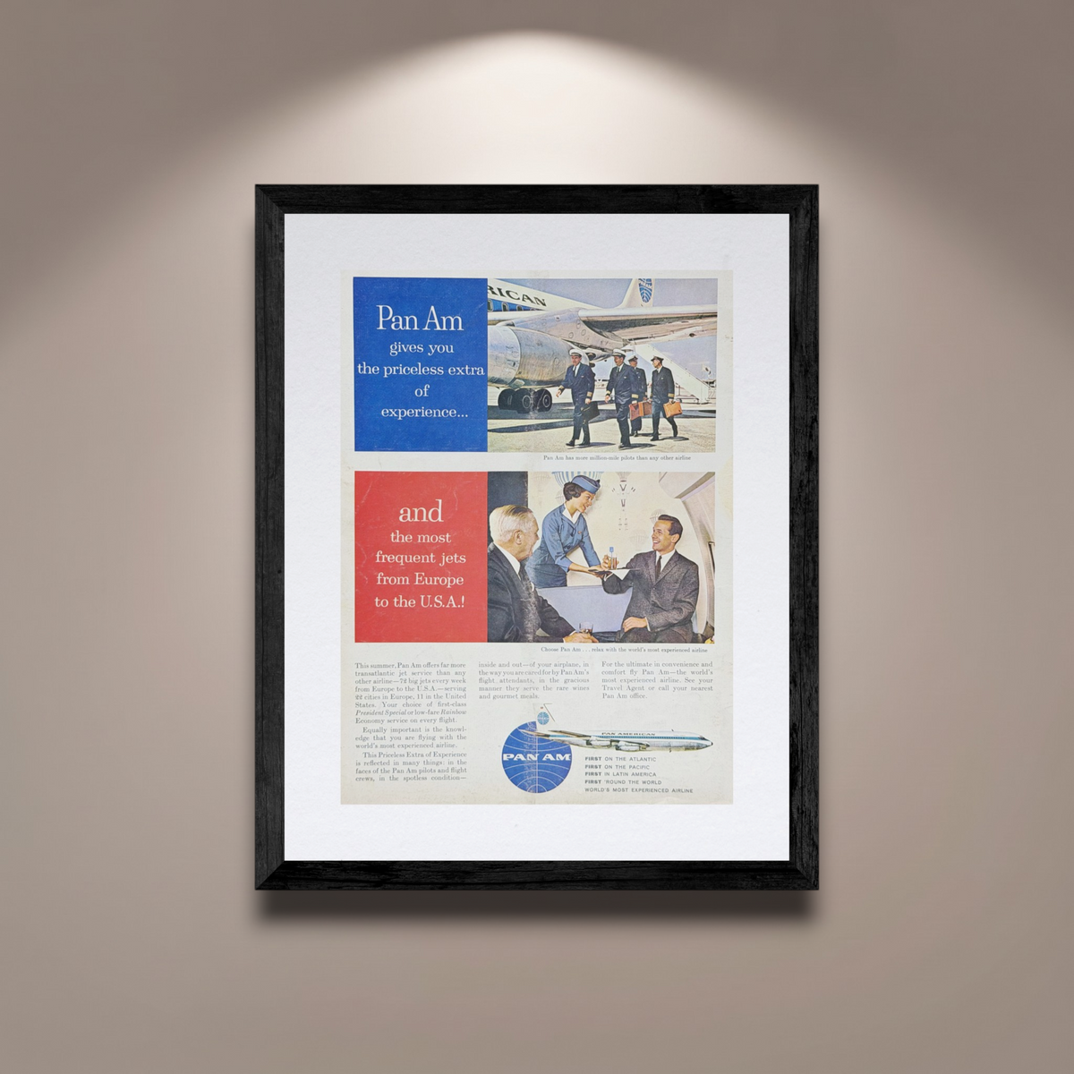 Pan Am Avrupa–Amerika Uçuşları Vintage Orijinal Dönem Reklamıdır (Sonradan Baskı Değildir)