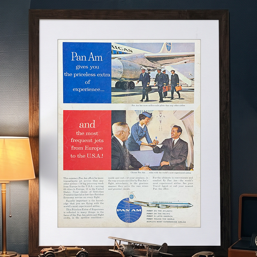Pan Am Avrupa–Amerika Uçuşları Vintage Orijinal Dönem Reklamıdır (Sonradan Baskı Değildir)