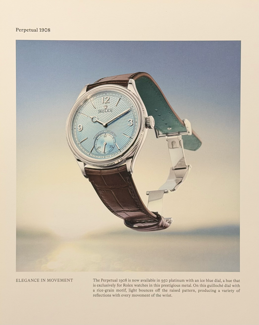 Rolex Perpetual 1908 950 Platin Buz Mavisi Kadran İngilizce Orijinal Dergi Reklamıdır (Sonradan Baskı Değildir)
