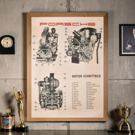 Porsche Motor Şeması Poster.  Orijinal Porsche Üretimidir. (Sonradan Baskı Değildir)